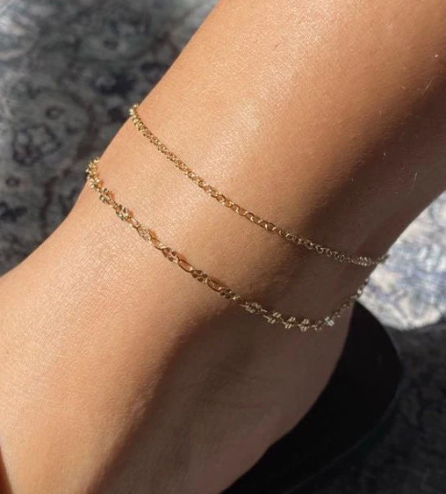 Double Strand Gold Anklet | Cable Chain & Bar Chain Layered Anklet